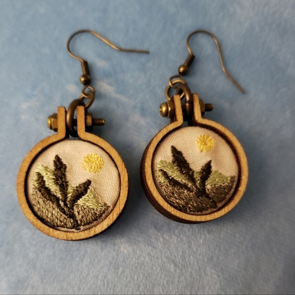 Source Unknown Embroidered Earrings with Green and Yellow Accents